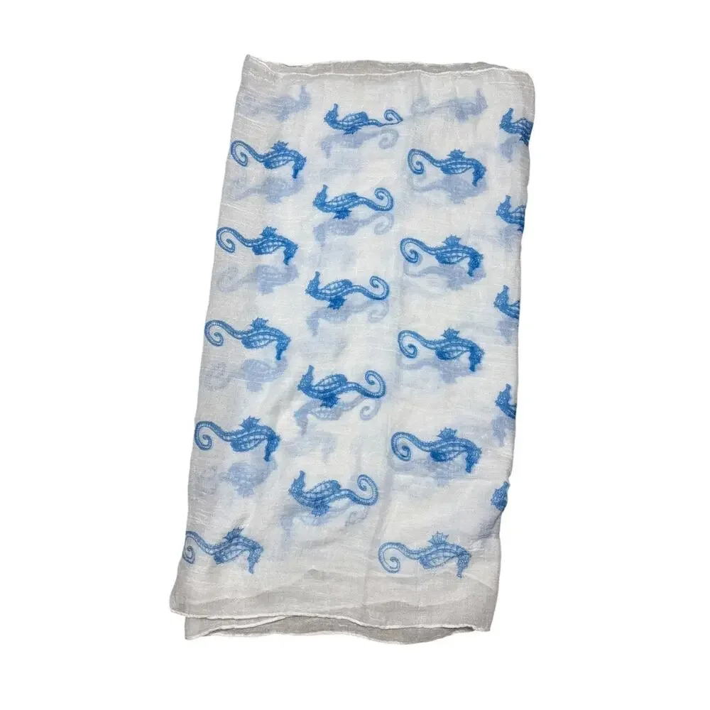 Seahorse Infinity Scarf White Gauzy Airy Lightweight Loop With Blue Print